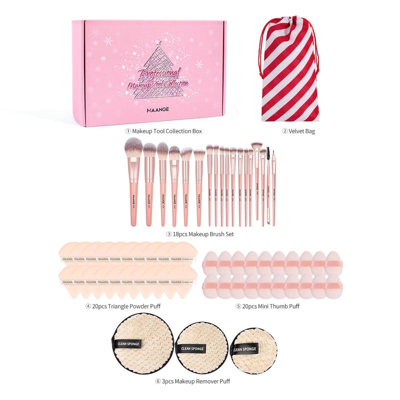 Makeup Tool Set, 62pcs set Makeup Brush & Triangle Powder Puff & Mini Thumb Puff & Makeup Remover Puff & Storage Bag, Professional Makeup Tools for Women, Christmas Gift Ideas