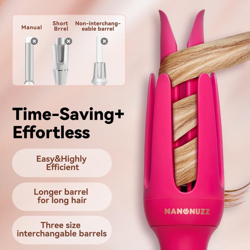 NanoNuzz 3 in 1 Automatic Hair Curling with Three Interchangeable Barrels, Back to School Safety Hair Tool, Anti-Tangle & Anti-Scald Technology, Quick Styling for All Hair Types Comfort