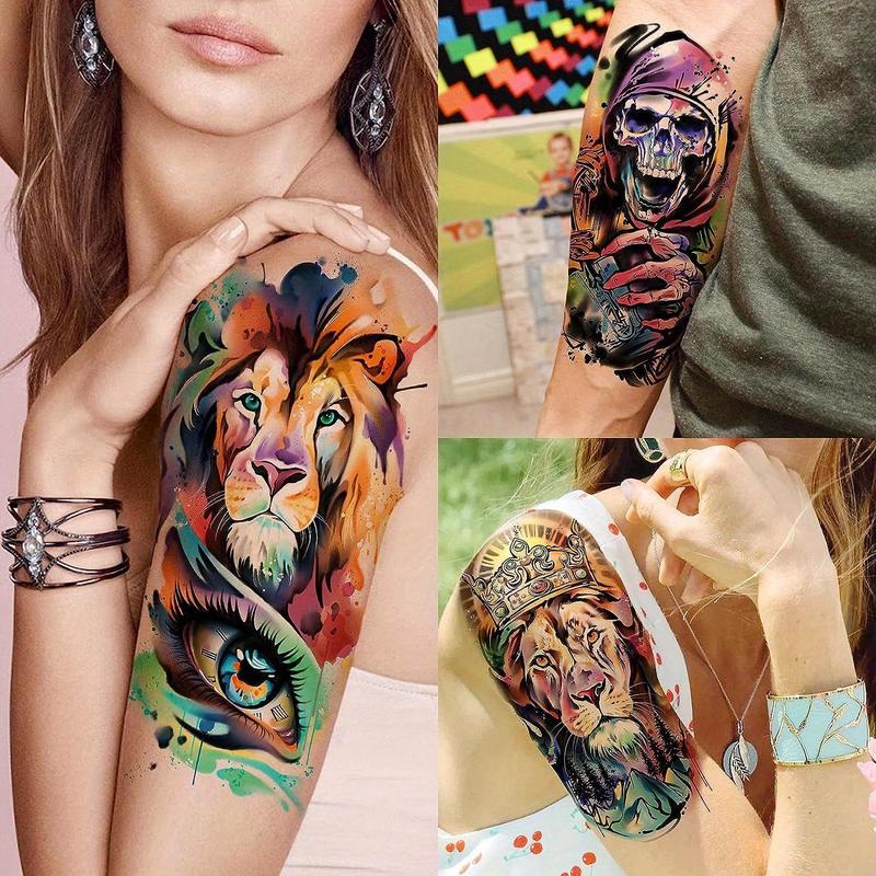 3D Watercolor Animals Skull Skeleton Pattern Temporary Tattoos Sticker for Arm, 54pcs set Long Lasting Colorful Tattoo Stickers for Women Men Adults Body Decor