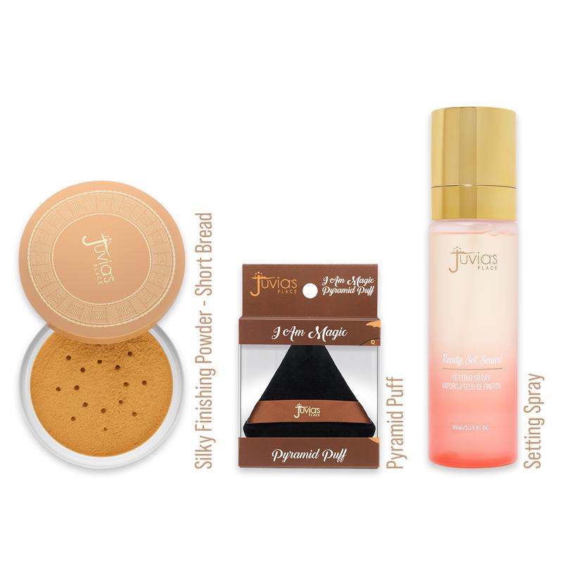 Juvia's Place Silky Finishing Powder Trio Bundle - Talc Free Finishing Powder + Pyramid Puff Large + Ready Set Sealed Setting Spray - Cruelty Fee, Paraben Free, Vegan, Weightless, Silky Smooth, Long Lasting, Airbrushed, Shine Control, Poreless, Blur, Bake