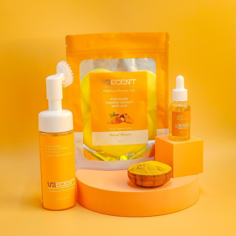 Veecent Turmeric Kojic Acid Facial Cleanser +Turmeric Kojic Acid Cleansing Pads + Brightening Turmeric Hyaluronic Acid Serum Kit Skincare