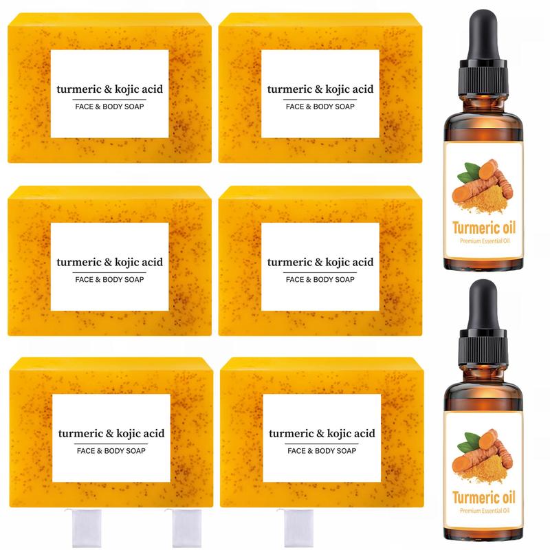 Lemon Turmeric & Kojic Acid Brightening Soap & Turmeric Essential Oil with Soap Saver Bags, Moisturizing Skin Care Set for Women Men Face & Body Wash, Skincare Products, Christmas Gift