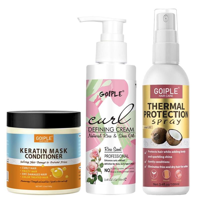 Professional Hair Care Products Set for Women & Men, 3 Counts set Including 1 Curl Defining Cream, 1 Thermal Protection Spray, 1 Hair Mask Conditioner