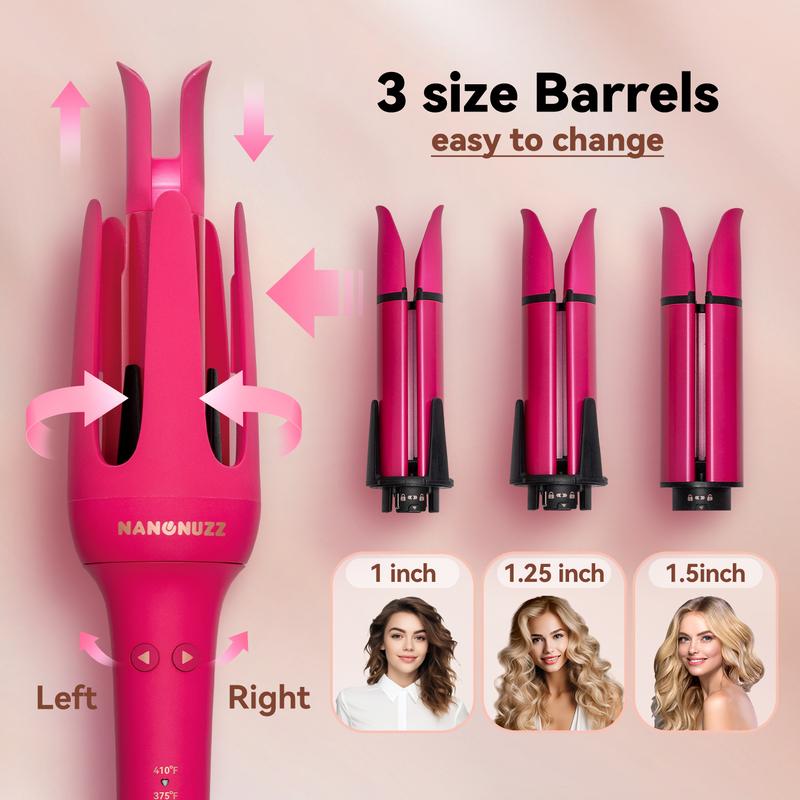 NanoNuzz 3 in 1 Automatic Hair Curling with Three Interchangeable Barrels, Back to School Safety Hair Tool, Anti-Tangle & Anti-Scald Technology, Quick Styling for All Hair Types Comfort