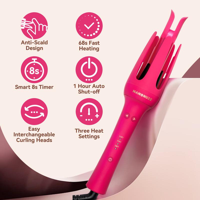 NanoNuzz 3 in 1 Automatic Hair Curling with Three Interchangeable Barrels, Back to School Safety Hair Tool, Anti-Tangle & Anti-Scald Technology, Quick Styling for All Hair Types Comfort