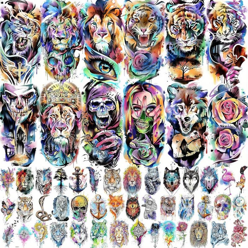 3D Watercolor Animals Skull Skeleton Pattern Temporary Tattoos Sticker for Arm, 54pcs set Long Lasting Colorful Tattoo Stickers for Women Men Adults Body Decor