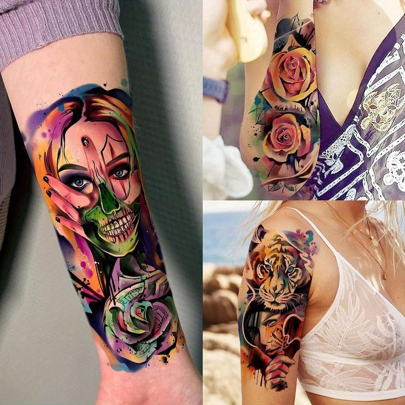 3D Watercolor Animals Skull Skeleton Pattern Temporary Tattoos Sticker for Arm, 54pcs set Long Lasting Colorful Tattoo Stickers for Women Men Adults Body Decor