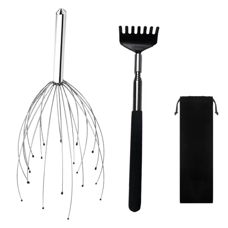 Steel Octopus Head Scratcher & Back Scratcher Set, 2 Counts set Retractable Head & Body Relaxing And Hair Stimulation Massagers