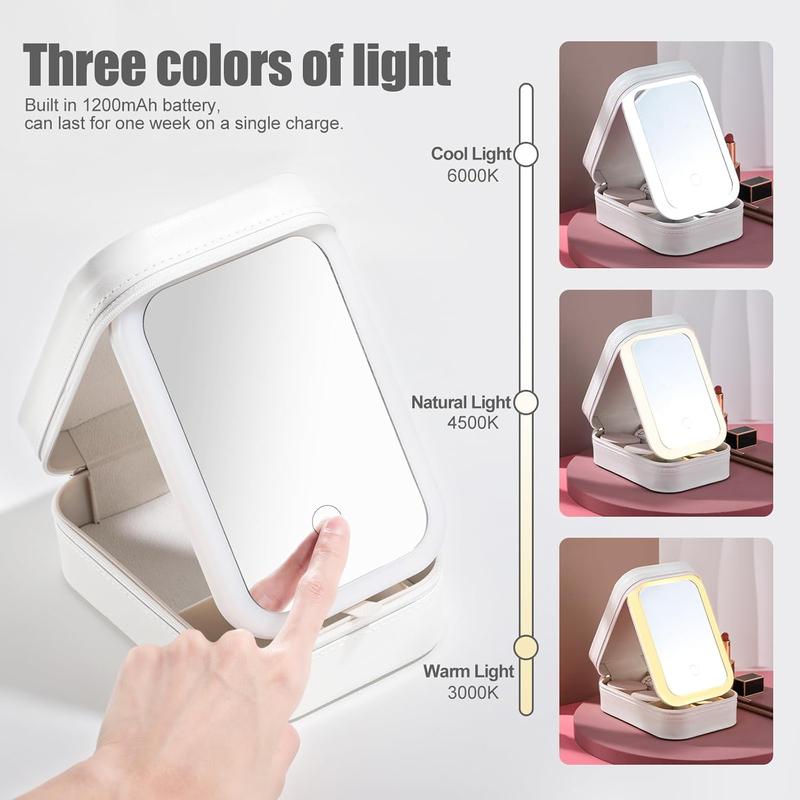 Travel Makeup Mirror with Light, Compact Makeup Bag with LED Mirror, Portable Lighted Beauty Mirror, 3-Color Lighting Makeup Case, 1200mAh Rechargeable Tabletop Cosmetic Mirror