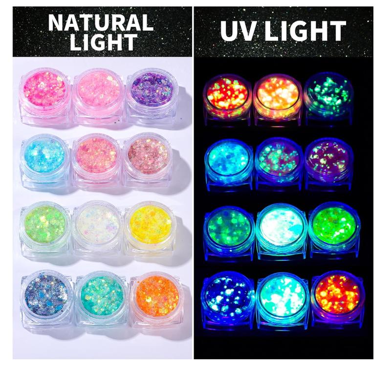 Teenitor 12 Colors Glow in The Dark Glitter Gel Face and Body for Halloween Makeup, UV Black Light Glitter,