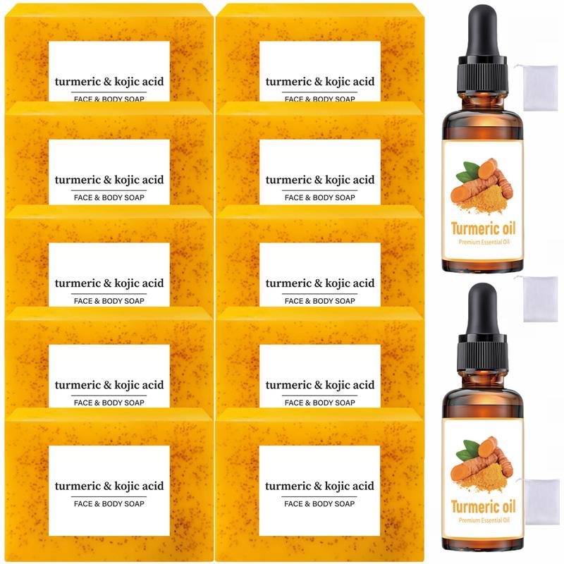 Lemon Turmeric & Kojic Acid Brightening Soap & Turmeric Essential Oil with Soap Saver Bags, Moisturizing Skin Care Set for Women Men Face & Body Wash, Skincare Products, Christmas Gift