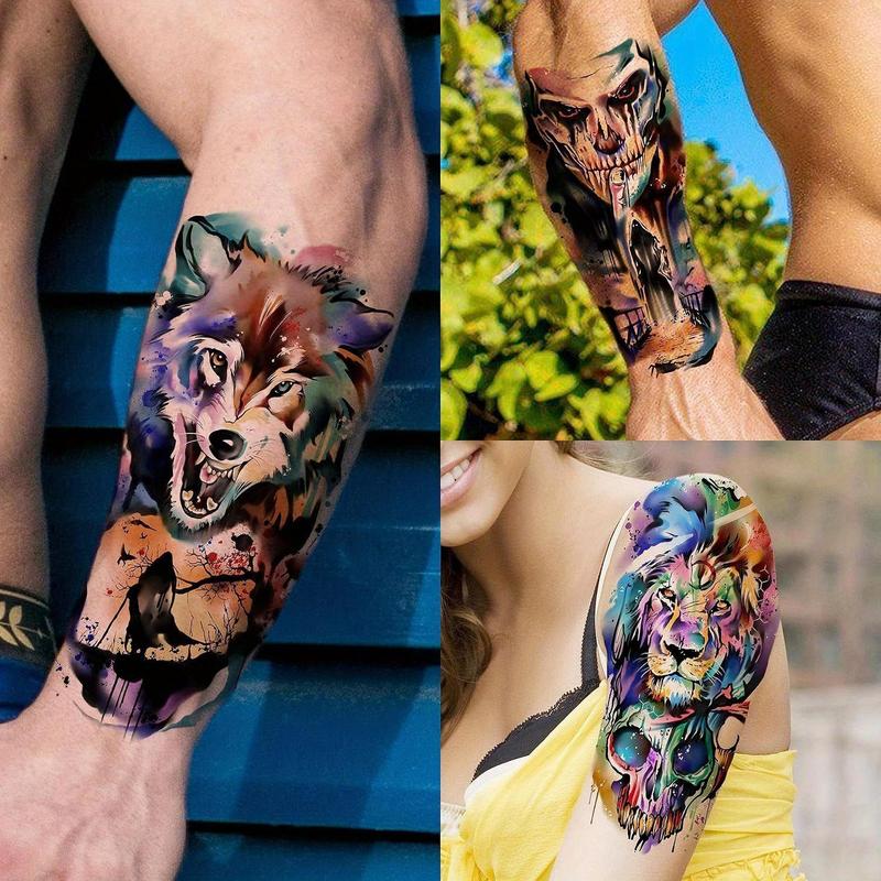 3D Watercolor Animals Skull Skeleton Pattern Temporary Tattoos Sticker for Arm, 54pcs set Long Lasting Colorful Tattoo Stickers for Women Men Adults Body Decor