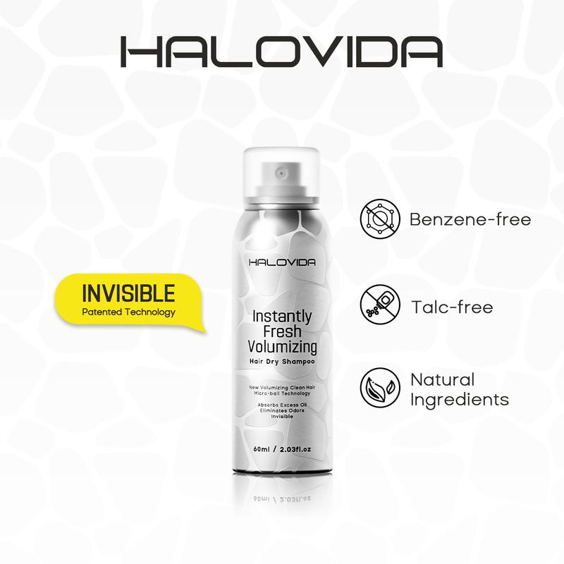 HALOVIDA Instant Fresh Volumizing Invisible Dry Shampoo Travel Size - Organic Cleansing Conditioner for Voluminous & Hydrated Hair, Absorbs Oils, Gentle Clarifying Shampoo, 2.03 fl. oz (60ml)