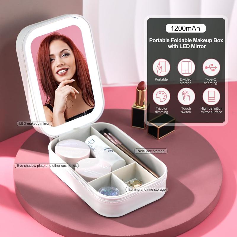 Travel Makeup Mirror with Light, Compact Makeup Bag with LED Mirror, Portable Lighted Beauty Mirror, 3-Color Lighting Makeup Case, 1200mAh Rechargeable Tabletop Cosmetic Mirror