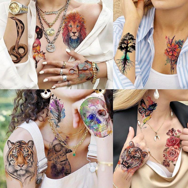 3D Watercolor Animals Skull Skeleton Pattern Temporary Tattoos Sticker for Arm, 54pcs set Long Lasting Colorful Tattoo Stickers for Women Men Adults Body Decor