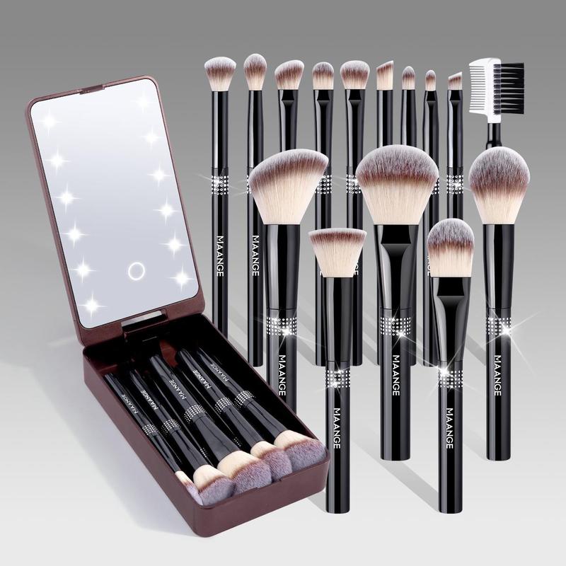 Professional Soft Makeup Brushes Set with LED Light, 15pcs set Makeup Brush with Storage Box, Portable Makeup Accessories for Women & Girls