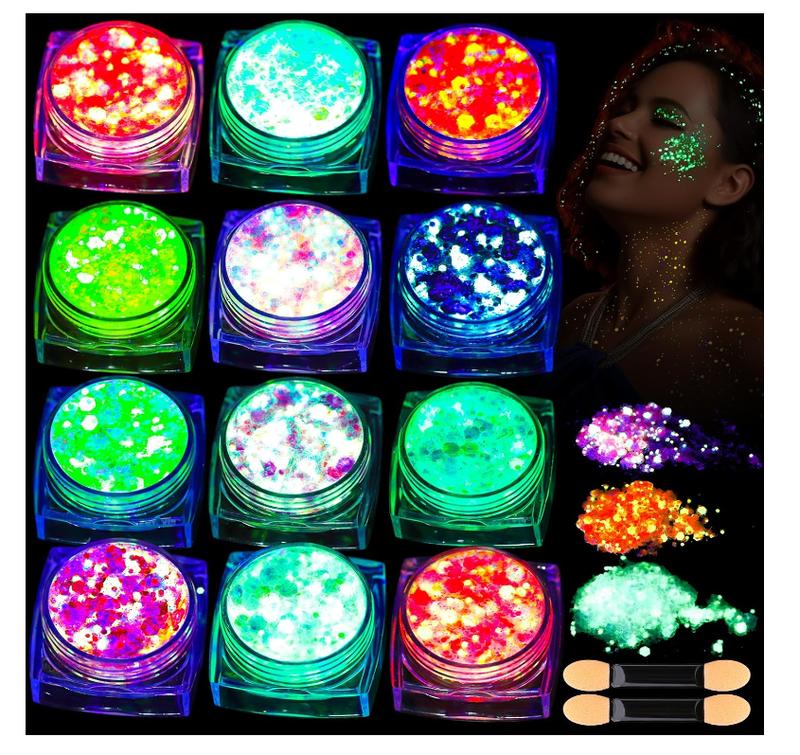 Teenitor 12 Colors Glow in The Dark Glitter Gel Face and Body for Halloween Makeup, UV Black Light Glitter,