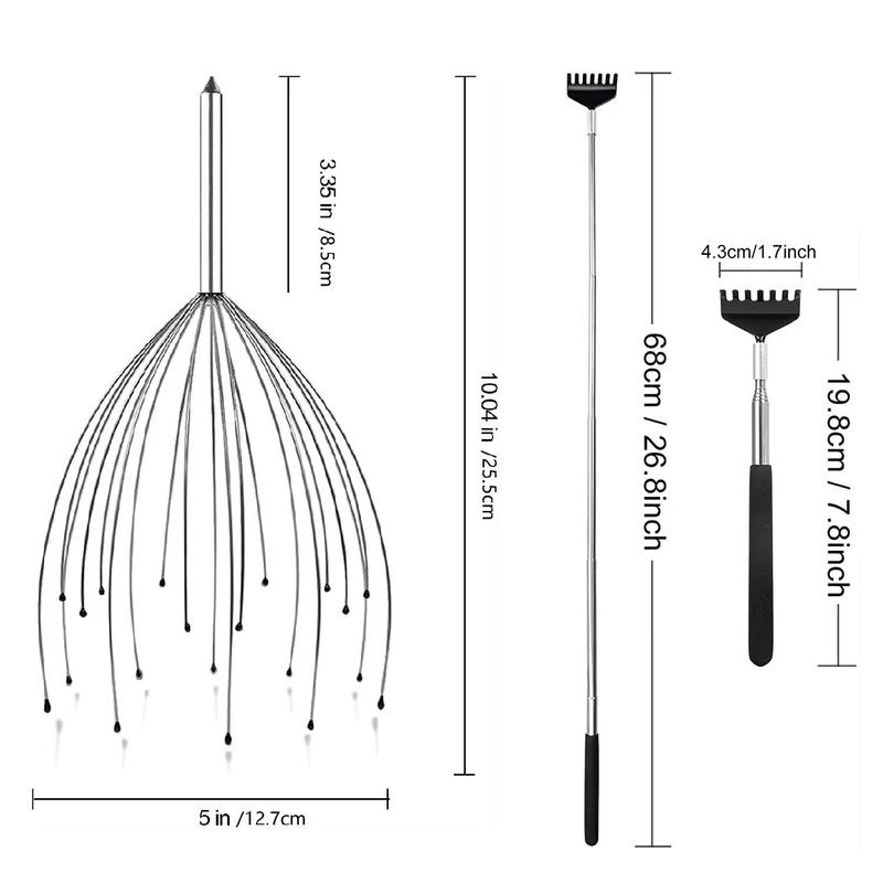 Steel Octopus Head Scratcher & Back Scratcher Set, 2 Counts set Retractable Head & Body Relaxing And Hair Stimulation Massagers