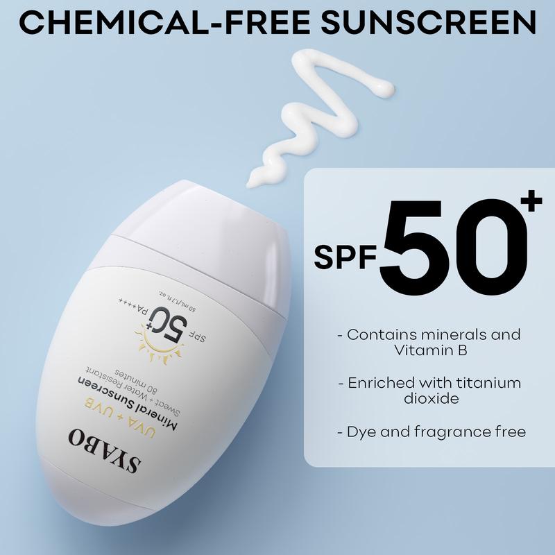 SYABO Mineral Sunscreen, SPF 50+ Sensitive Mineral Sunscreen with Titanium Dioxide, Water Resistant Sun Cream, Broad Spectrum UVA UVB Sun Protection, 1.7 FL OZ Moisturizing Facial