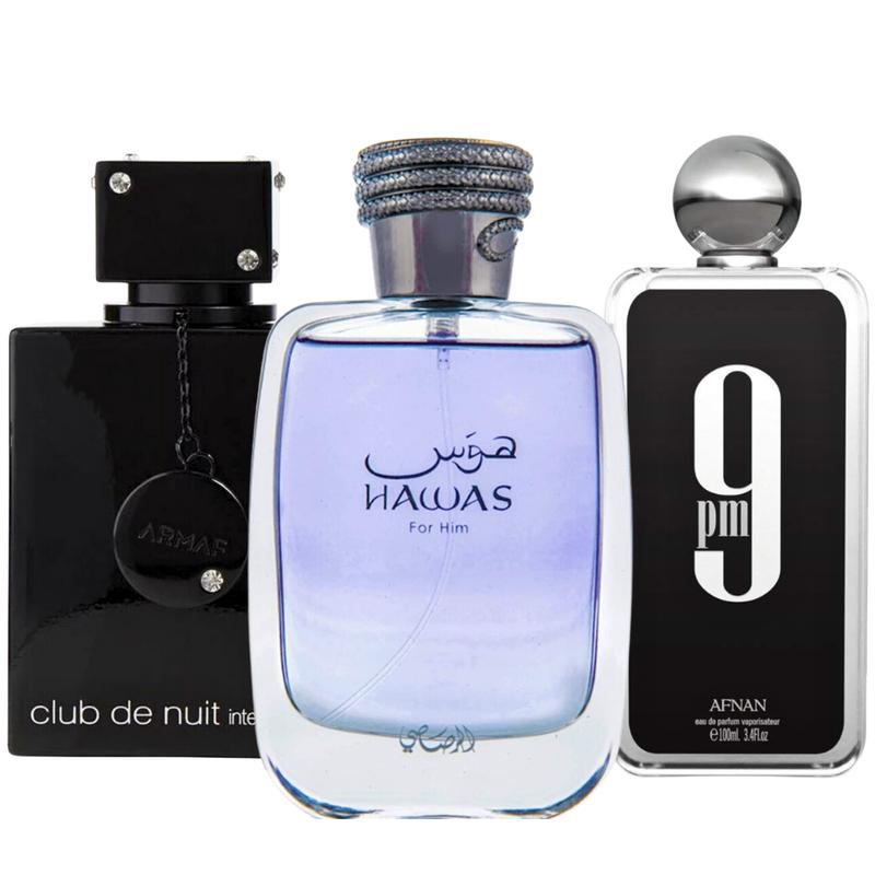 Rasasi Hawas EDP 100ml + Armaf Club de Nuit Intense EDT 105ml + Afnan 9PM EDP 100ml- For MEN - Fragrance Collection Starter Pack Value Bundle GIft