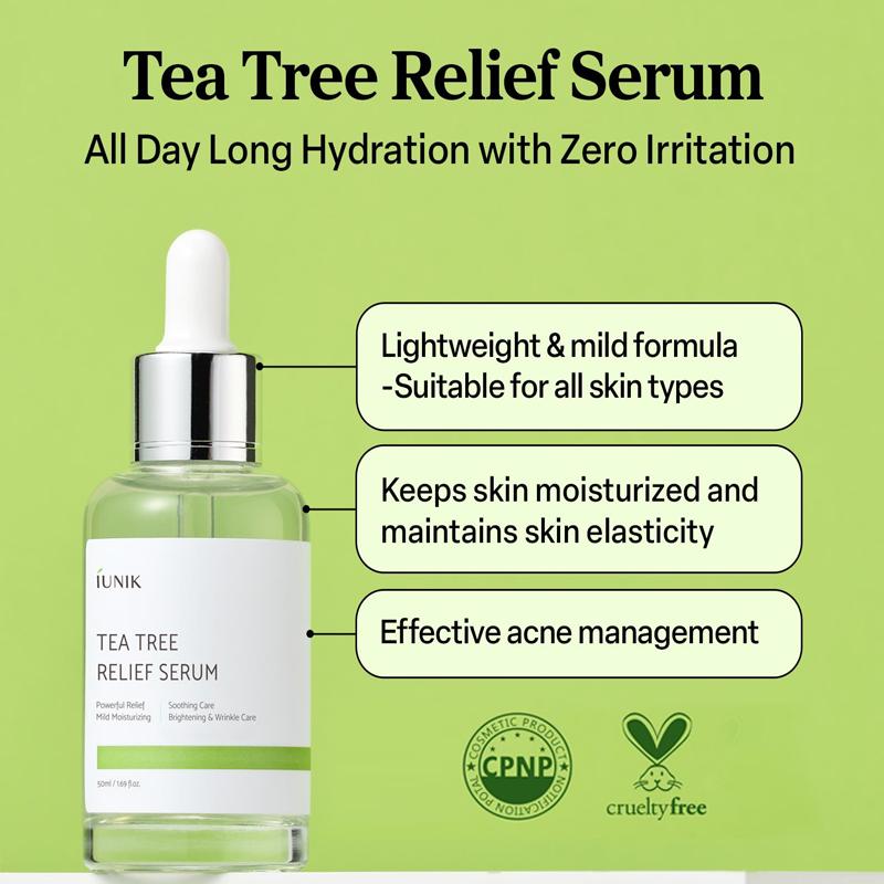 IUNIK Tea Tree Relief Serum - Official Product Vegan Non-Sticky Skin Moisturizer Facial Serum for Soothing Irritated & Acne-Prone Skin (1.69 fl oz)