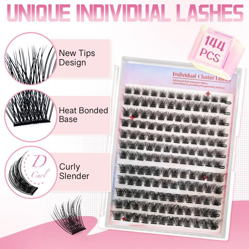 Eyelash Extension Kit, 1 Kit Lash Clusters D Curl Individual Lashes with Lash Bond and Seal and Remover Lash Applicator for Lash Extension Beginners