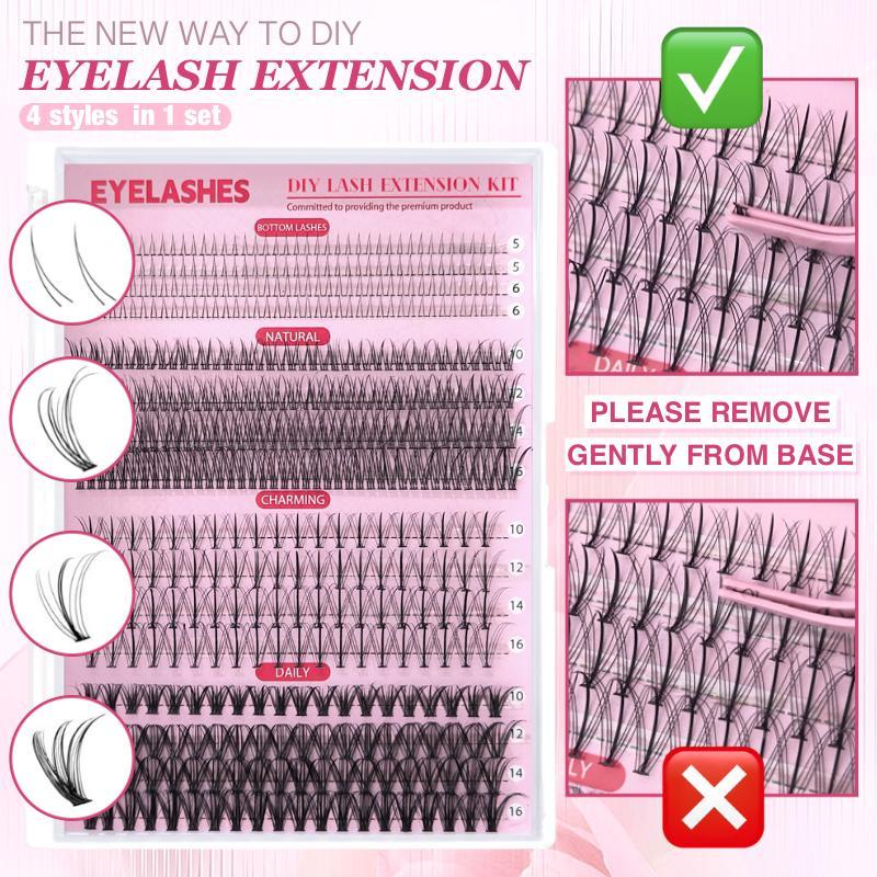 Eyelash Extension Kit, 1 Kit Lash Clusters D Curl Individual Lashes with Lash Bond and Seal and Remover Lash Applicator for Lash Extension Beginners