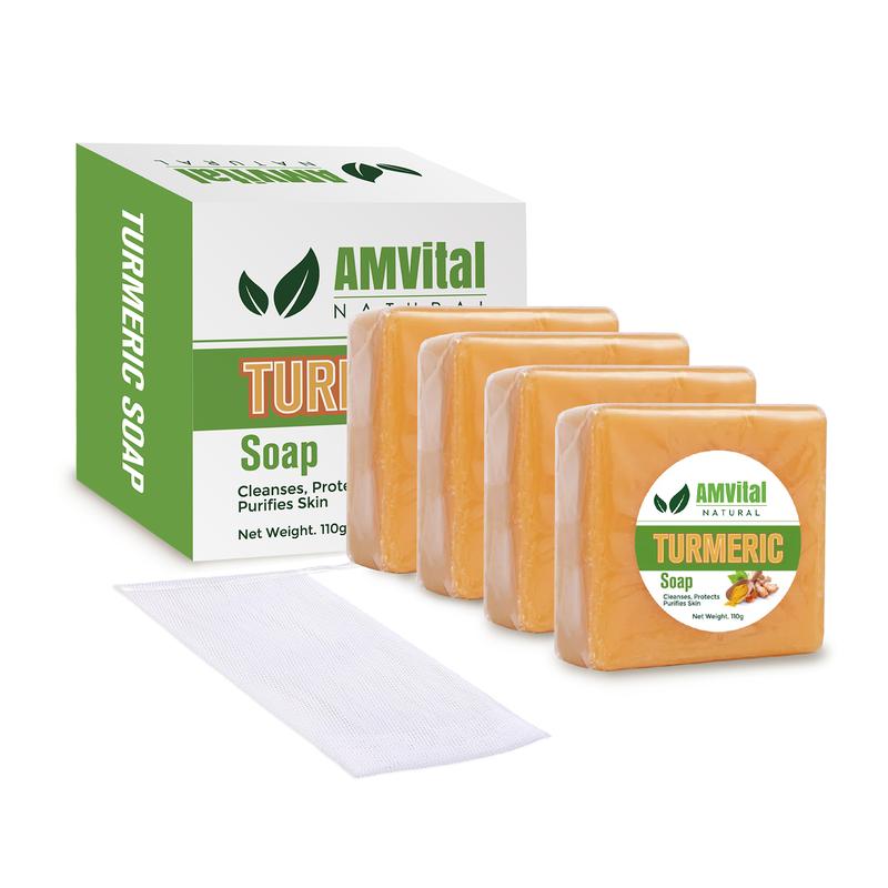 AMVital Turmeric Soap Bar(4 packs) Natural Handmade Soap for Face & Body, Targets Acne & Dark Spots, skincare soap honey  glow