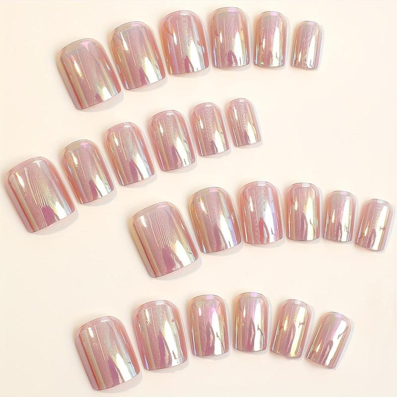 Short Square Fake Nail, 24pcs set Glossy Press on Nails with Tools for Women & Girls DIY Nail Art, Removable Elegant Stick on Nails Kit