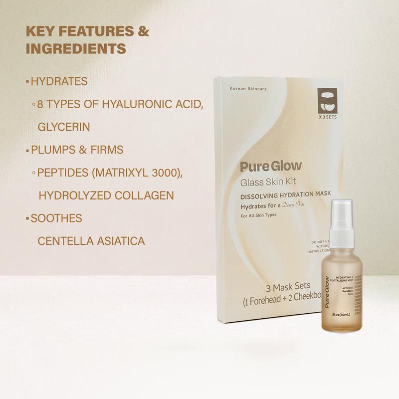 Glass Skin Kit (Dissolving Hydration Mask + Hydrating & Revitalizing Mist + Moisturizing Cream) Firming and Glowing Skincare