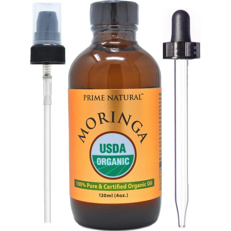 PRIME NATURAL Organic Moringa Oil USDA Certified, Pure, Cold Pressed, Virgin, Unrefined Oil (4oz  120ml) - Joints, Skin, Face, Body & Hair - Vegan - Food Grade - Natural Moisturizer Body Care Hydrating