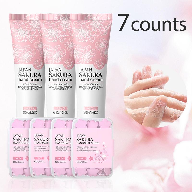 Sakura Hand Cream Set, 7 Counts set Hand Cleaning Soap Sheet & Hand Cream, Moisturizing Hand Care Product for Women & Girls