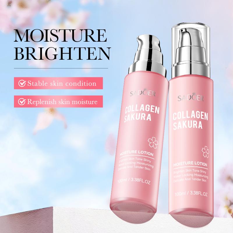 Collagen Sakura Brightening Moisture Lotion,Brighten Skin Tone Shiny Water Locking Moisturizing Delicate And Tender Skin-3.38FL.OZ