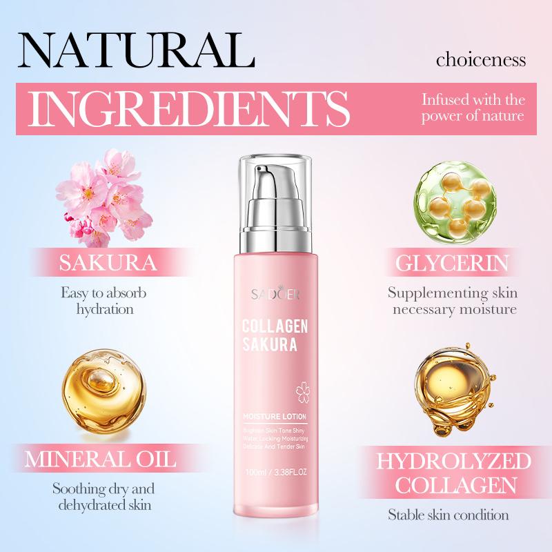 Collagen Sakura Brightening Moisture Lotion,Brighten Skin Tone Shiny Water Locking Moisturizing Delicate And Tender Skin-3.38FL.OZ