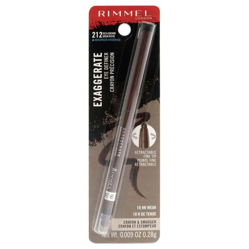 Rimmel London Exaggerate Waterproof Eye Definer Eyeliner, Highly Pigmented, Long-Wearing, Built-In Smudger, 212, Rich Brown, 0.01oz Glossy Lipliner