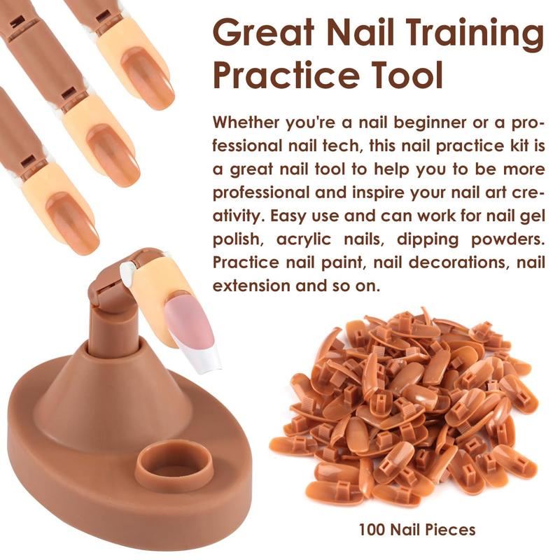 Acrylic Nail Practice Finger Kit,  Acrylic Nail Training with 1 Base Stand, 3 Adjustable Fake Fingers, 100 Brown Nail Tips, Movable Training Nail Practice for Nail Beginner… Manicure Nail Art