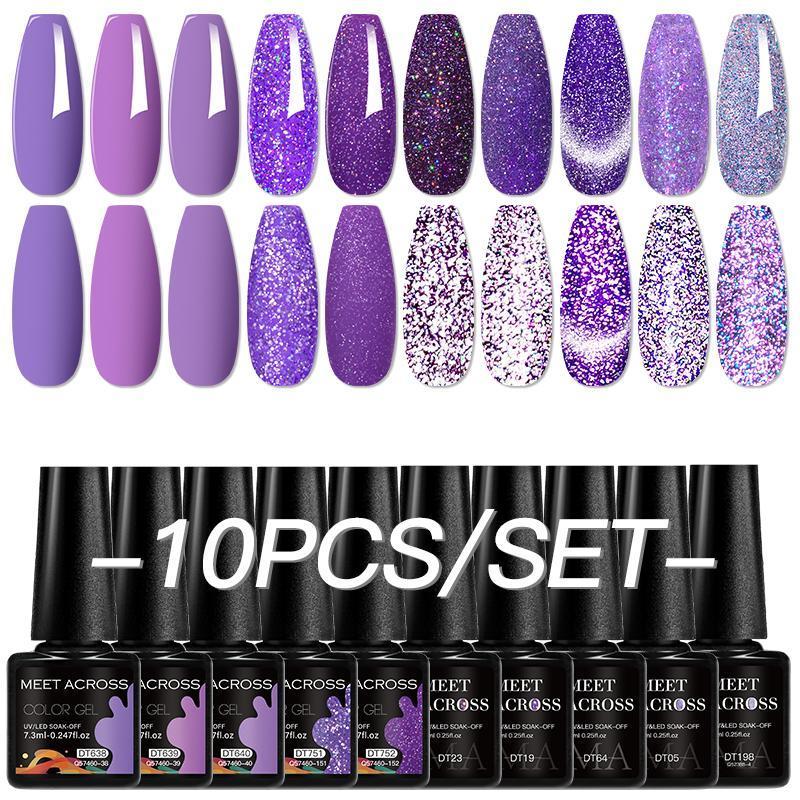 Nail Gel Polish Set, 10pcs set Colorful Glitter Gel Nail Polish, Need Lamp Cure Semi Permanent UV Gel, Fall Winter Gel Nail Polish Collection