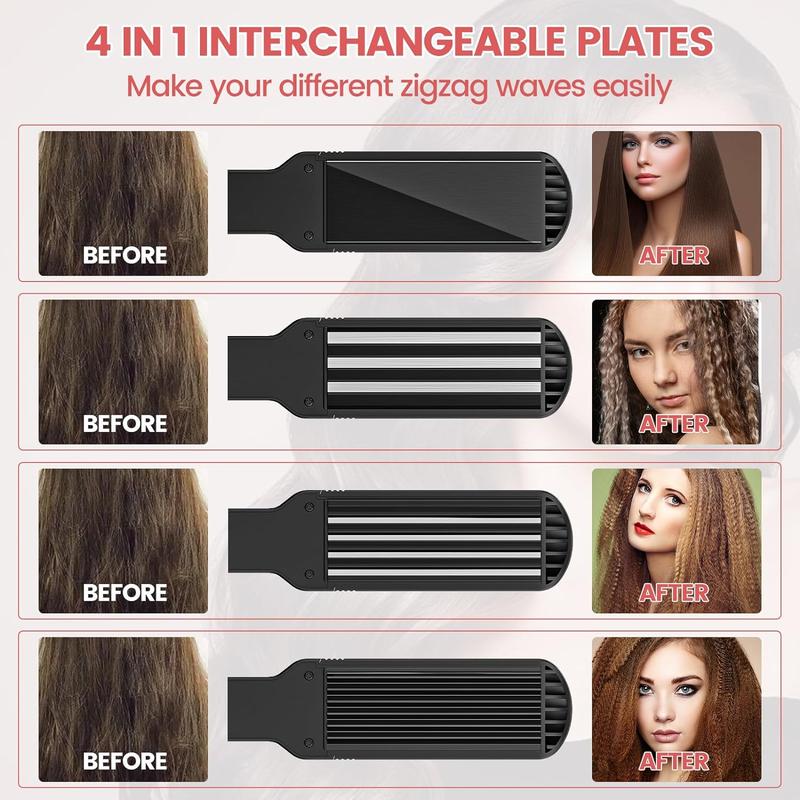 Hair Crimper for Women Hair Waver Hair Straightener Curling Iron 4 in1 Flat Crimping Iron Plates Ceramic Waver Hair Tool Volumizing Crimper with 15s Fast Heating (Black)