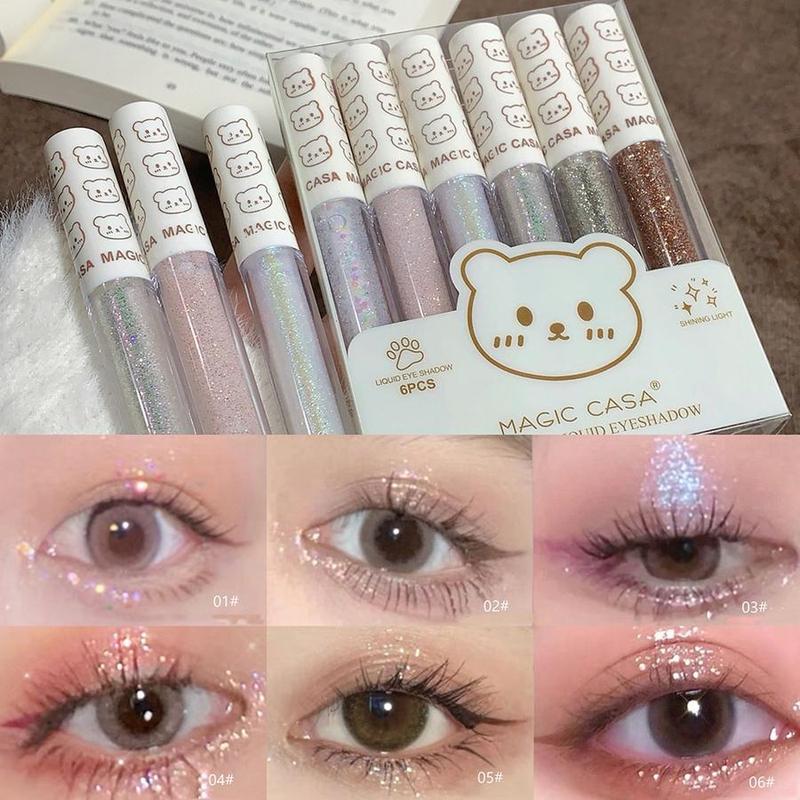 6 Colors Glittering Liquid Eyeshadow Set, 6pcs Waterproof Shimmering Eye Shadow, High Pigmented Highlighting Liquid Stick for Crystal Eye Makeup, Christmas Gift