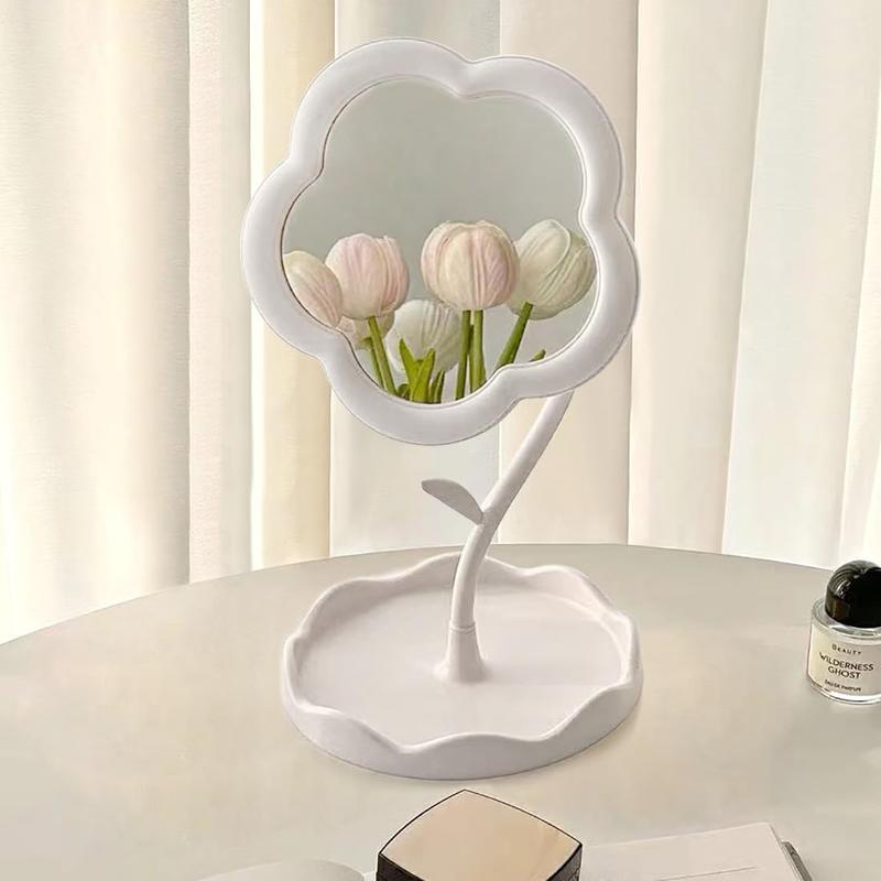 Flower-Shaped Makeup Mirror for Desk Vanity Mirror for Bedroom,Living Room and Minimal Spaces Room Decor Home Decorations (White)