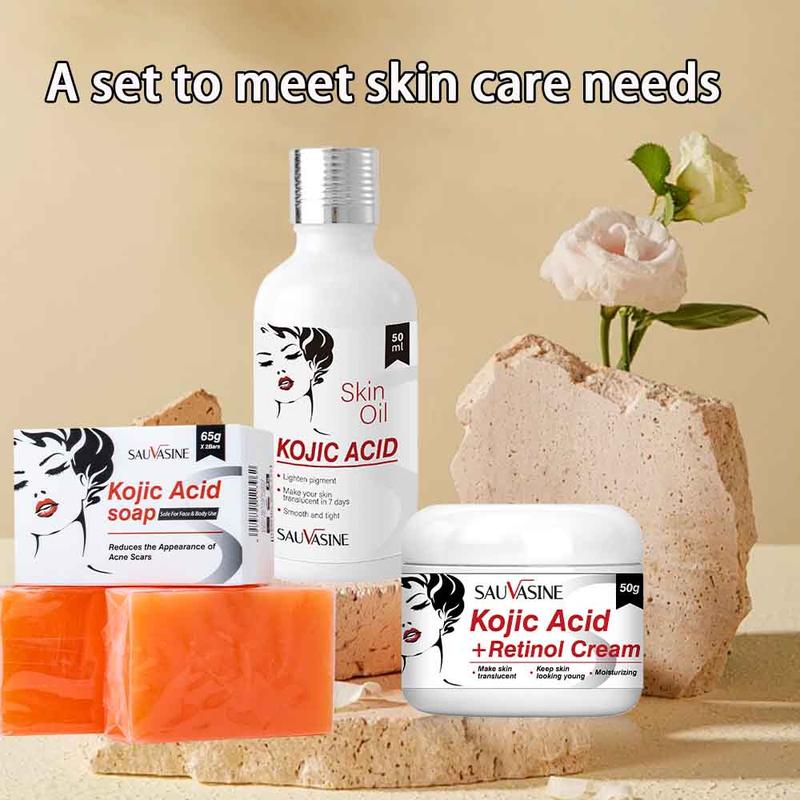 Kojic Acid Skin Care Kit, 3 Counts set Soap & Cream & Oil, Moisturizing Skin Care Kit, Deep Hydrating Skin Care Kit for Women & Men