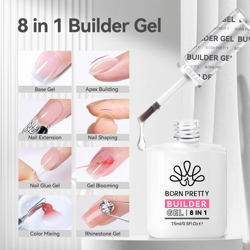 BORN PRETTY Builder Nail Gel,8-in-1 Builder Gel for Nail Apex and Extension Strengthener,Nail GLue Gel Hard Gel Base Rhinestone Nail Glue Gel in a Bottle 15ml