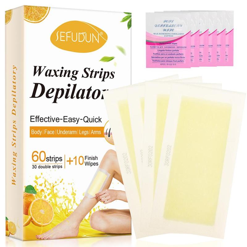 Waxing Strips Depilator, 60pcs Hair Removal Waxing Strips & 10pcs Finish Wipes, Hair Removal Tools for Men & Women