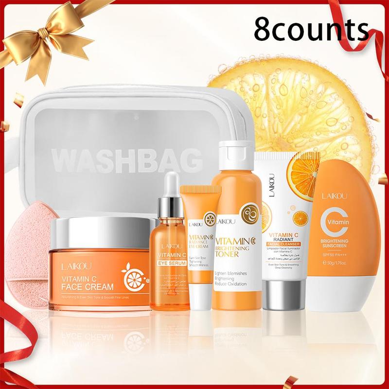 Vitamin C Skincare Set, Facial Skin Care Product & Makeup Bag & Puff, Professional Skin Care Kit for Women & Girls, Fall Gift, Christmas Gift