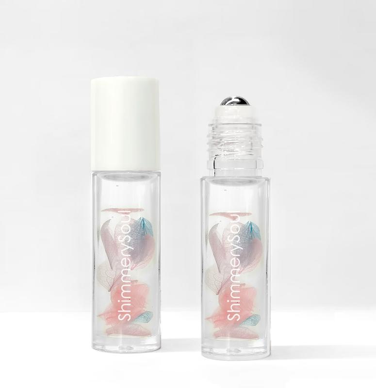 ShimmerySoul  Lip oil Roll-On Lip Oil, free shipping, hydrating moisturizing all day,  Hydrate Formula with Vitamin Oils, Moisturizer  Moisture lip balm, flower petals roller design, Comfort non-sticky lip care, shiny colorless glam lite soft lip lip glow