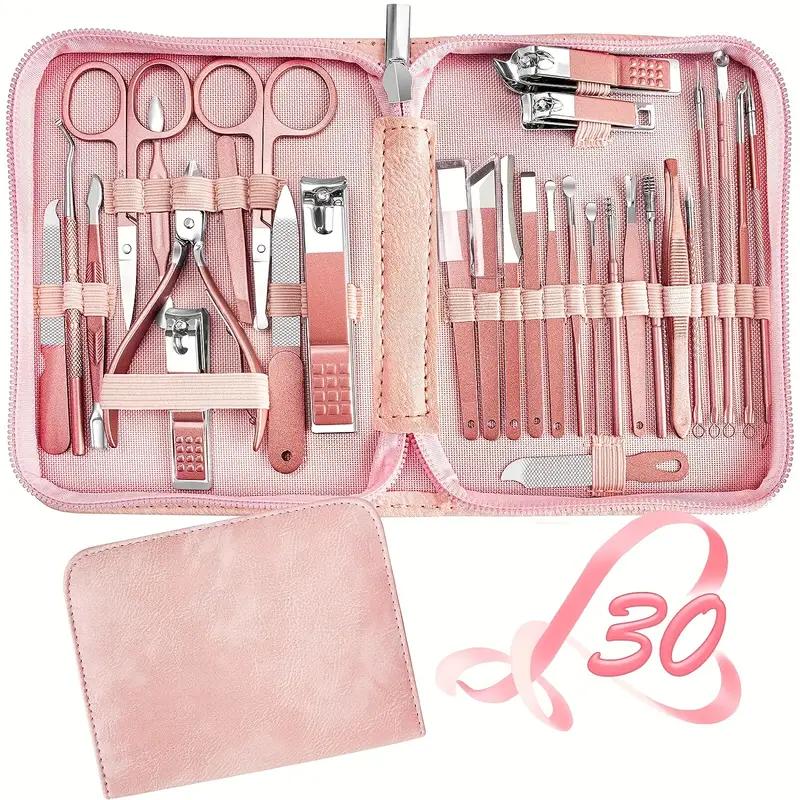 Pink 30-piece nail clipper set Portable nail clipper set Nail clipper Stainless steel pedicure professional kit Beauty manicure complete set