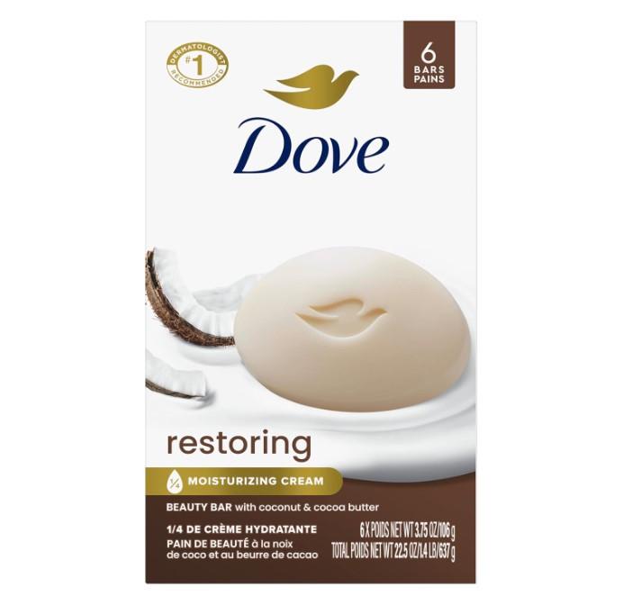 Dove Beauty Bar Soap Restoring Coconut & Cocoa Butter 6 Count for Restored Skin, Nourishes Skin 3.75 oz