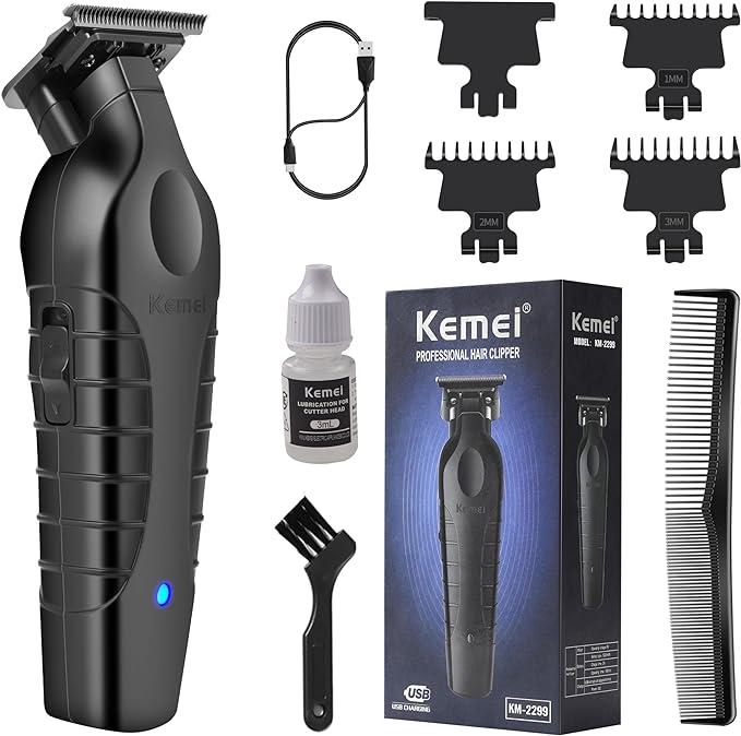 Kemei 2299 Professional Hair Beard Trimmer for Men Zero Gapped Hair Clippers for Barber with T Blade, Cordless Rechargeable