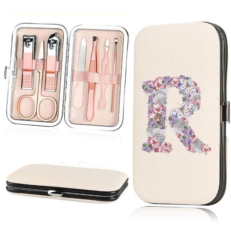 Floral Initial Name Pattern Nail Clipper Set with Storage Case, 7 Counts set Stainless Steel Nail Care Tools, Multifunctional Pedicure Manicure Tool Kit