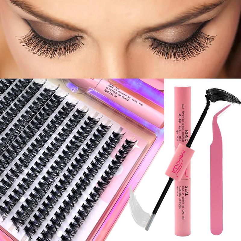 Natural Look Lash Clusters Extensions Kit, Mixed Size Individual False Eyelashes with Lash Glue & Tweezers, Self Grafting Lash Cosmetic